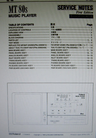 ROLAND MT-80s MUSIC PLAYER SERVICE NOTES FIRST EDITION  INC BLK DIAG SCHEMS PCBS AND PARTS LIST 16 PAGES ENG