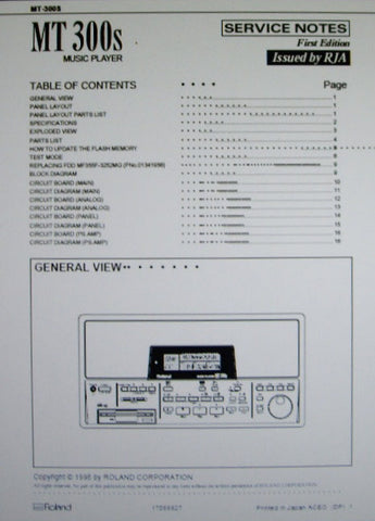 ROLAND MT-300s MUSIC PLAYER SERVICE NOTES FIRST EDITION  INC BLK DIAG SCHEMS PCBS AND PARTS LIST 16 PAGES ENG