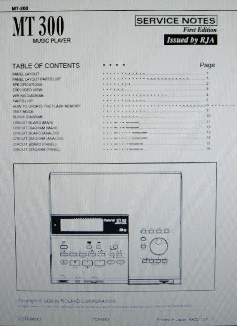 ROLAND MT-300 MUSIC PLAYER SERVICE NOTES FIRST EDITION  INC BLK DIAG WIRING DIAG SCHEMS PCBS AND PARTS LIST 16 PAGES ENG