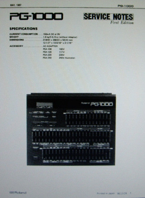 ROLAND PG-1000 LINEAR SYNTHESIZER PROGRAMMER SERVICE NOTES FIRST EDITION  INC SCHEM DIAG PCBS AND PARTS LIST 6 PAGES ENG