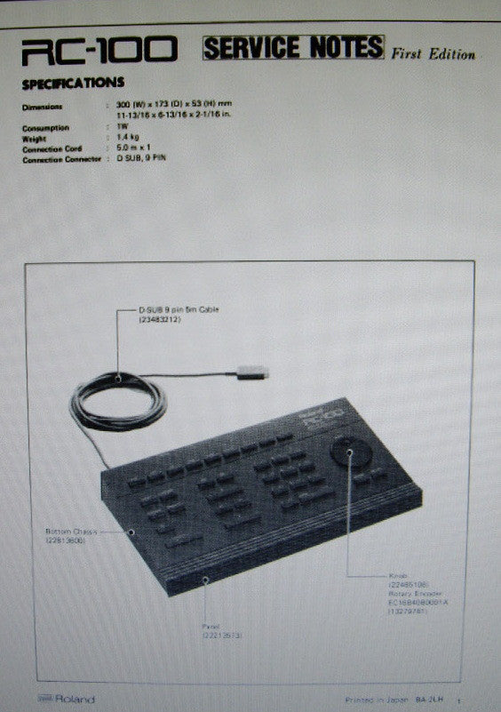 ROLAND RC-100 REMOTE CONTROLLER SERVICE NOTES FIRST EDITION  INC SCHEM PCB AND PARTS LIST 6 PAGES ENG