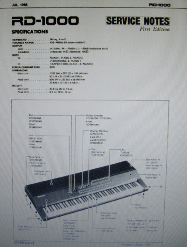 ROLAND RD-1000 DIGITAL PIANO SERVICE NOTES FIRST EDITION INC TRSHOOT GUIDE BLK DIAG SCHEMS PCBS AND PARTS LIST 20 PAGES ENG