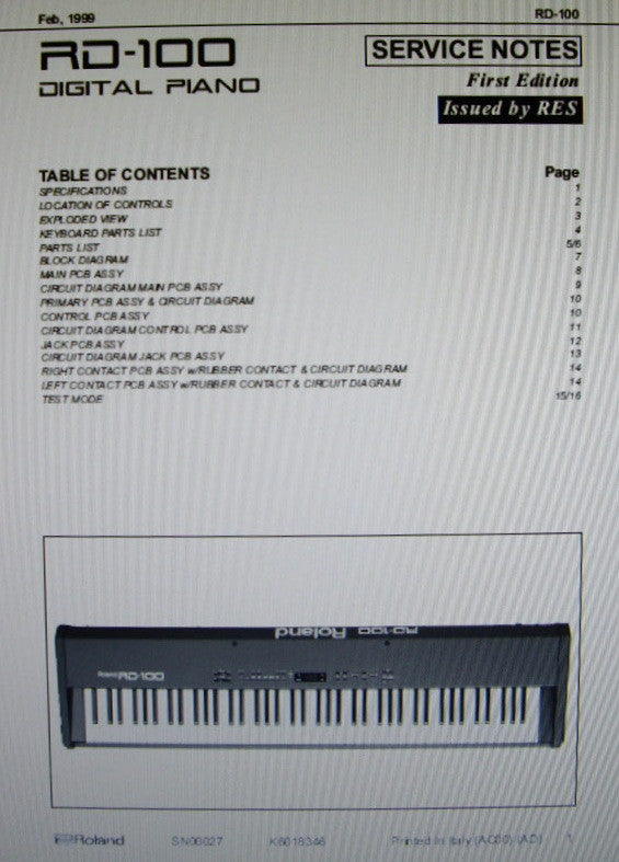 ROLAND RD-100 DIGITAL PIANO SERVICE NOTES FIRST EDITION  INC BLK DIAG SCHEMS PCBS AND PARTS LIST 16 PAGES ENG