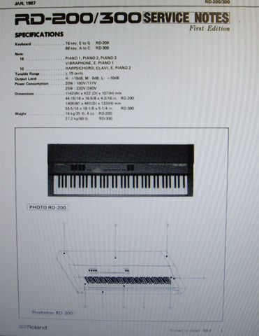 ROLAND RD-200 RD-300 DIGITAL PIANO SERVICE NOTES FIRST EDITION  INC TRSHOOT GUIDE BLK DIAG SCHEMS PCBS AND PARTS LIST 17 PAGES ENG