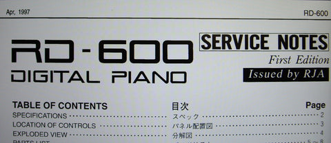 ROLAND RD-600 DIGITAL STAGE PIANO SERVICE NOTES FIRST EDITION  INC BLK DIAG SCHEMS PCBS AND PARTS LIST 28 PAGES ENG