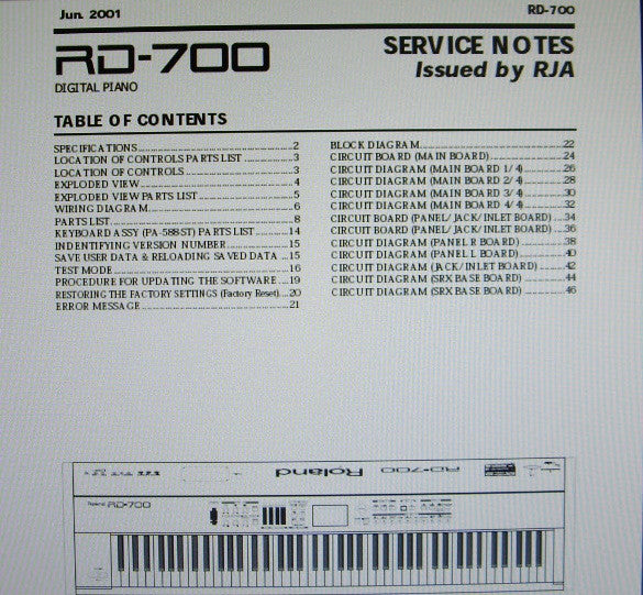 ROLAND RD-700 RD-700GX DIGITAL PIANO SERVICE NOTES INC BLK DIAG WIRING DIAG SCHEMS PCBS AND PARTS LIST 34 PAGES ENG