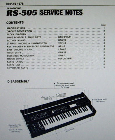 ROLAND RS-505 PARAPHONIC-505 SYNTHESIZER SERVICE NOTES INC BLK DIAG SCHEMS PCBS AND PARTS LIST 18 PAGES ENG