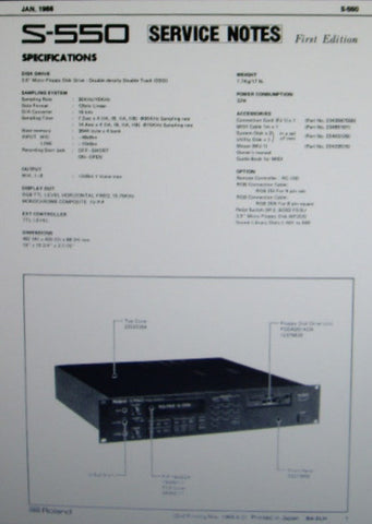 ROLAND S-550 DIGITAL SAMPLER SERVICE NOTES FIRST EDITION INC BLK DIAGS SCHEMS PCBS AND PARTS LIST 25 PAGES ENG