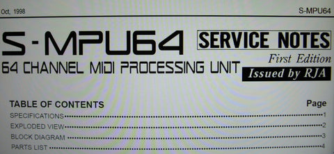 ROLAND S-MPU64 64 CHANNEL MIDI PROCESSING UNIT SERVICE NOTES FIRST EDITION INC BLK DIAG SCHEM DIAG PCBS AND PARTS LIST 7 PAGES ENG