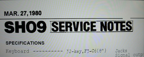 ROLAND SH-09 SYNTHESIZER SERVICE NOTES INC BLK DIAG SCHEMS PCBS AND PARTS LIST 7 PAGES ENG