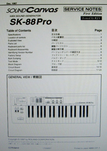 ROLAND SK-88PRO SOUND CANVAS SERVICE NOTES FIRST EDITION INC BLK DIAG SCHEMS PCBS AND PARTS LIST 23 PAGES ENG