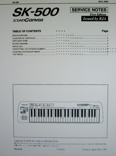 ROLAND SK-500 SOUND CANVAS SERVICE NOTES FIRST EDITION INC BLK DIAG AND PARTS LIST 9 PAGES ENG