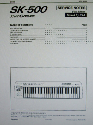 ROLAND SK-500 SOUND CANVAS SERVICE NOTES FIRST EDITION INC BLK DIAG AND PARTS LIST 9 PAGES ENG