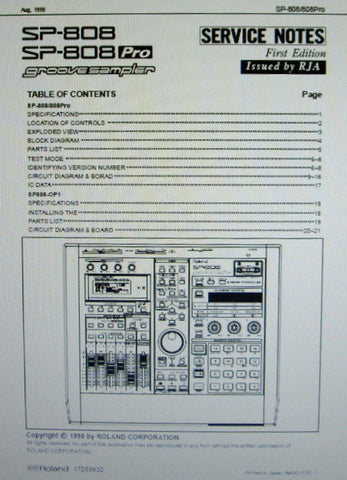ROLAND SP-808 SP-808 PRO GROOVESAMPLER AND SP-808-OP1 EXP BOARD SERVICE NOTES FIRST EDITION INC BLK DIAG SCHEMS PCBS AND PARTS LIST 21 PAGES ENG
