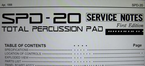 ROLAND SPD-20 TOTAL PERCUSSION PAD SERVICE NOTES FIRST EDITION INC BLK DIAG SCHEMS PCB AND PARTS LIST 15 PAGES ENG