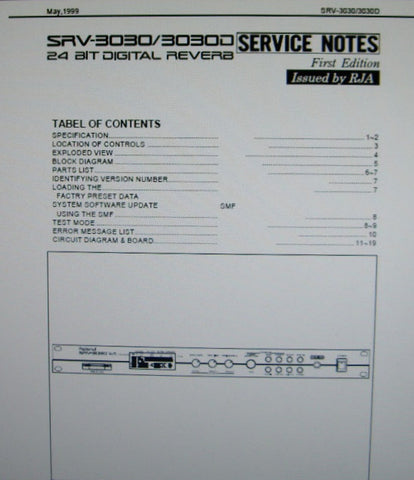 ROLAND SRV-3030 SRV-3030D 24 BIT DIGITAL REVERB SERVICE NOTES FIRST EDITION INC BLK DIAG SCHEMS PCBS AND PARTS LIST 19 PAGES ENG