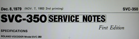 ROLAND SVC-350 VOCODER SERVICE NOTES FIRST EDITION INC BLK DIAG SCHEMS PCBS AND PARTS LIST 9 PAGES ENG