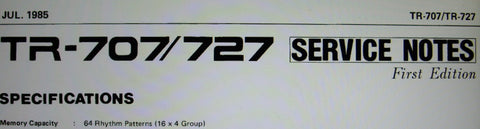 ROLAND TR-707 TR-727 RHYTHM COMPOSER SERVICE NOTES FIRST EDITION INC BLK DIAGS SCHEMS PCBS AND PARTS LIST 13 PAGES ENG