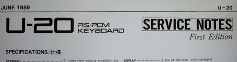 ROLAND U-20 RS-PCM KEYBOARD SERVICE NOTES FIRST EDITION INC BLK DIAG SCHEMS PCBS AND PARTS LIST WITH ERRATA AND SUPP 29 PAGES ENG