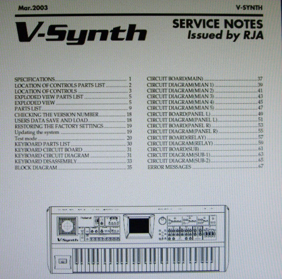 ROLAND V-SYNTH SYNTHESIZER SERVICE NOTES INC BLK DIAG SCHEMS PCBS AND PARTS LIST 52 PAGES ENG