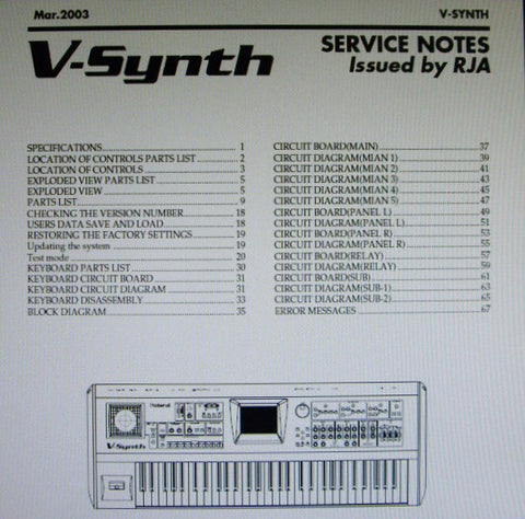ROLAND V-SYNTH SYNTHESIZER SERVICE NOTES INC BLK DIAG SCHEMS PCBS AND PARTS LIST 52 PAGES ENG