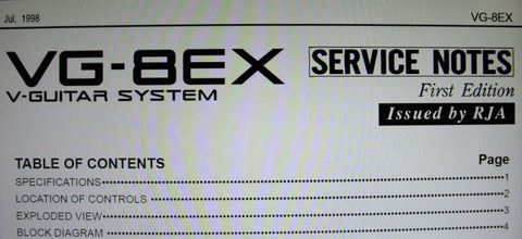 ROLAND VG-8EX V-GUITAR SYSTEM SERVICE NOTES FIRST EDITION INC TRSHOOT GUIDE BLK DIAG SCHEMS PCBS AND PARTS LIST 22 PAGES ENG