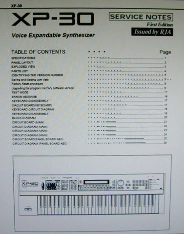 ROLAND XP-30 64 VOICE EXPANDABLE SYNTHESIZER SERVICE NOTES FIRST EDITION INC BLK DIAG SCHEMS PCBS AND PARTS LIST 26 PAGES ENG