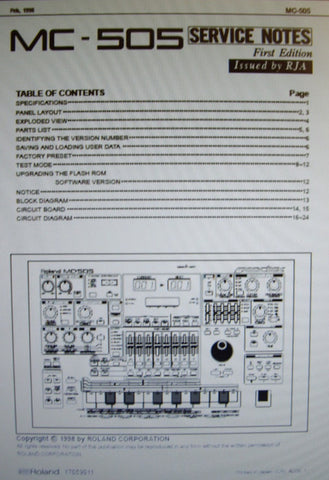 ROLAND MC-505 GROOVEBOX SERVICE NOTES FIRST EDITION INC BLK DIAG SCHEMS PCBS AND PARTS LIST 24 PAGES ENG