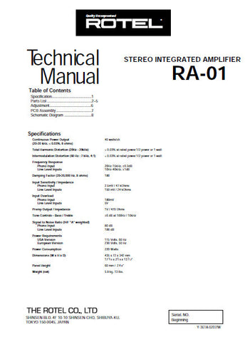 ROTEL RA-01 STEREO INTEGRATED AMPLIFIER TECHNICAL MANUAL INC PCB SCHEM DIAG AND PARTS LIST 8 PAGES ENG