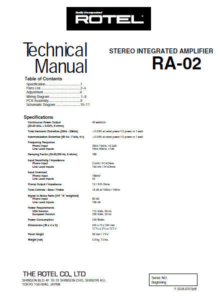 ROTEL RA-02 STEREO INTEGRATED AMPLIFIER TECHNICAL MANUAL INC PCB SCHEM DIAGS AND PARTS LIST 11 PAGES ENG