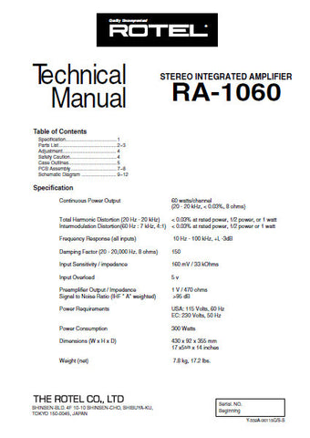 ROTEL RA-1060 STEREO INTEGRATED AMPLIFIER TECHNICAL MANUAL INC PCBS SCHEM DIAGS AND PARTS LIST 8 PAGES ENG