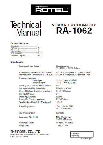 ROTEL RA-1062 STEREO INTEGRATED AMPLIFIER TECHNICAL MANUAL INC PCBS SCHEM DIAGS AND PARTS LIST 14 PAGES ENG
