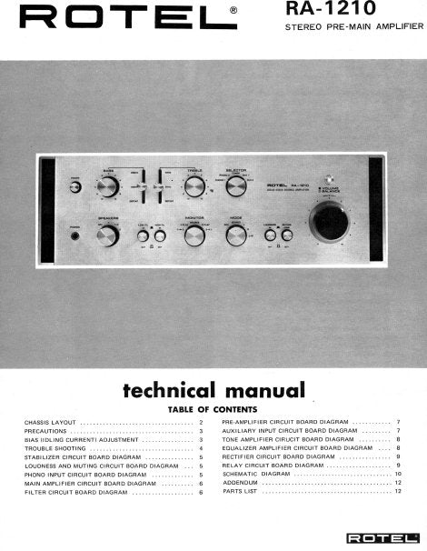 ROTEL RA-1210 STEREO PRE MAIN AMPLIFIER TECHNICAL MANUAL INC PCBS 8 PAGES ENG