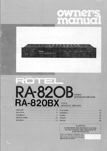 ROTEL RA-820B RA-820BX STEREO INTEGRATED AMPLIFIER OWNER'S MANUAL 5 PAGES ENG