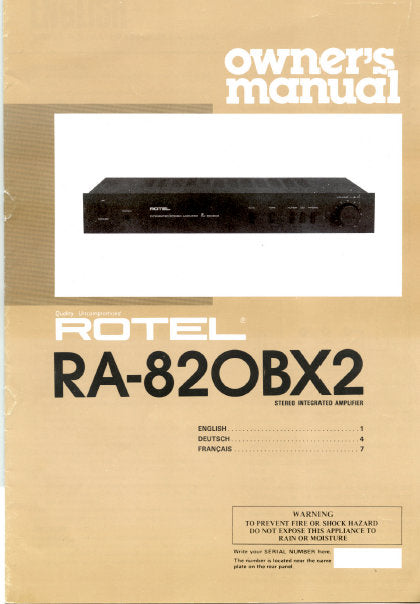 ROTEL RA-820BX2 STEREO INTEGRATED AMPLIFIER OWNER'S MANUAL 4 PAGES ENG