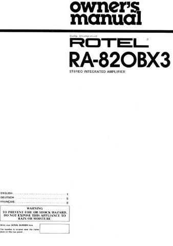 ROTEL RA-820BX3 STEREO INTEGRATED AMPLIFIER OWNER'S MANUAL 5 PAGES ENG