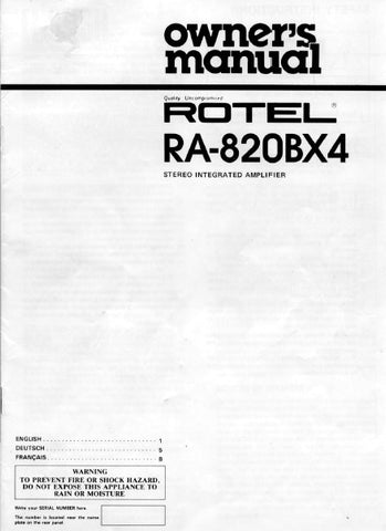 ROTEL RA-820BX4 STEREO INTEGRATED AMPLIFIER OWNER'S MANUAL 5 PAGES ENG