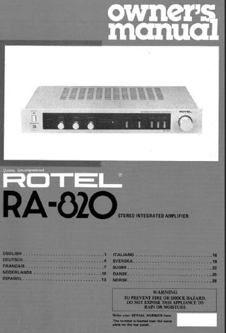 ROTEL RA-820 STEREO INTEGRATED AMPLIFIER OWNER'S MANUAL 4 PAGES ENG