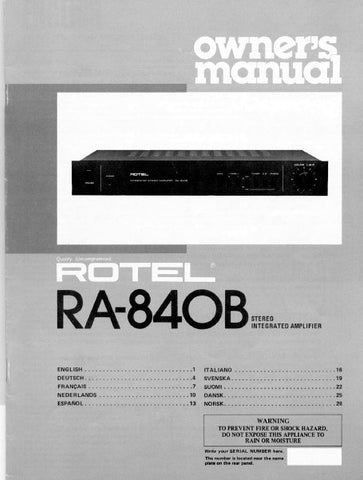 ROTEL RA-840B STEREO INTEGRATED AMPLIFIER OWNER'S MANUAL 5 PAGES ENG
