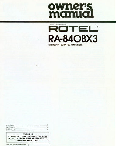 ROTEL RA-840BX3 STEREO INTEGRATED AMPLIFIER OWNER'S MANUAL 6 PAGES ENG