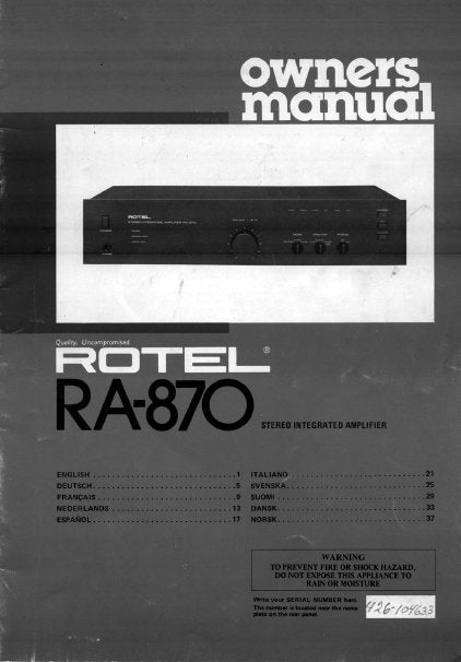 ROTEL RA-870 STEREO INTEGRATED AMPLIFIER OWNER'S MANUAL 5 PAGES ENG