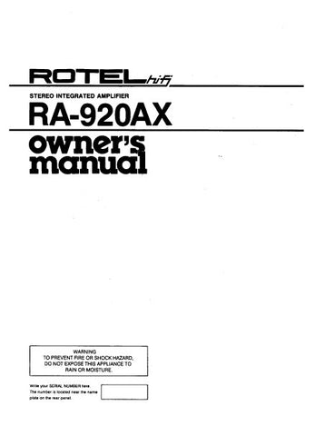 ROTEL RA-920AX STEREO INTEGRATED AMPLIFIER OWNER'S MANUAL 6 PAGES ENG