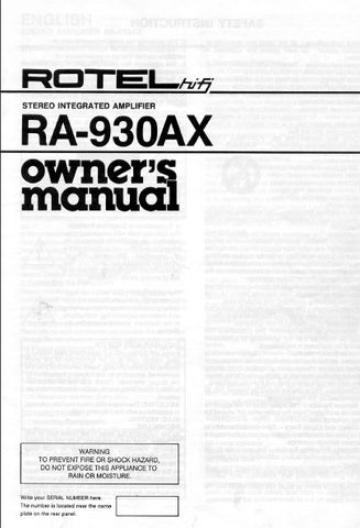 ROTEL RA-930AX STEREO INTEGRATED AMPLIFIER OWNER'S MANUAL 6 PAGES ENG