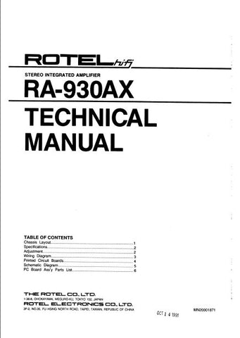 ROTEL RA-930AX STEREO INTEGRATED AMPLIFIER TECHNICAL MANUAL INC PCB SCHEM DIAG AND PARTS LIST 8 PAGES ENG