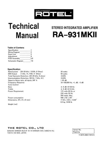 ROTEL RA-931MKII STEREO INTEGRATED AMPLIFIER TECHNICAL MANUAL INC PCB SCHEM DIAG AND PARTS LIST 8 PAGES ENG