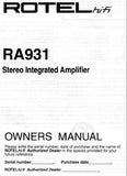 ROTEL RA-931 STEREO INTEGRATED AMPLIFIER OWNER'S MANUAL 7 PAGES ENG
