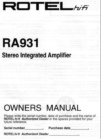 ROTEL RA-931 STEREO INTEGRATED AMPLIFIER OWNER'S MANUAL 7 PAGES ENG