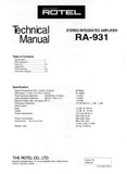 ROTEL RA-931 STEREO INTEGRATED AMPLIFIER TECHNICAL MANUAL INC PCB SCHEM DIAG AND PARTS LIST 4 PAGES ENG