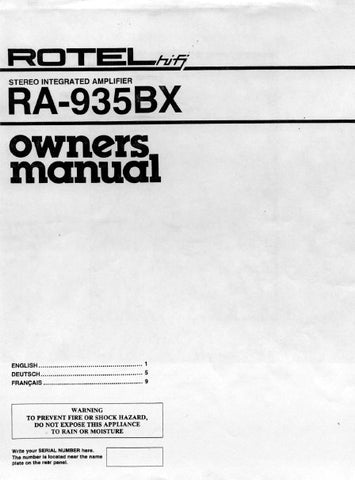 ROTEL RA-935BX STEREO INTEGRATED AMPLIFIER OWNER'S MANUAL 5 PAGES ENG