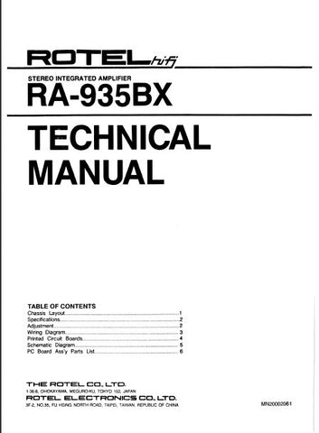 ROTEL RA-935BX STEREO INTEGRATED AMPLIFIER TECHNICAL MANUAL INC PCB SCHEM DIAG AND PARTS LIST 8 PAGES ENG